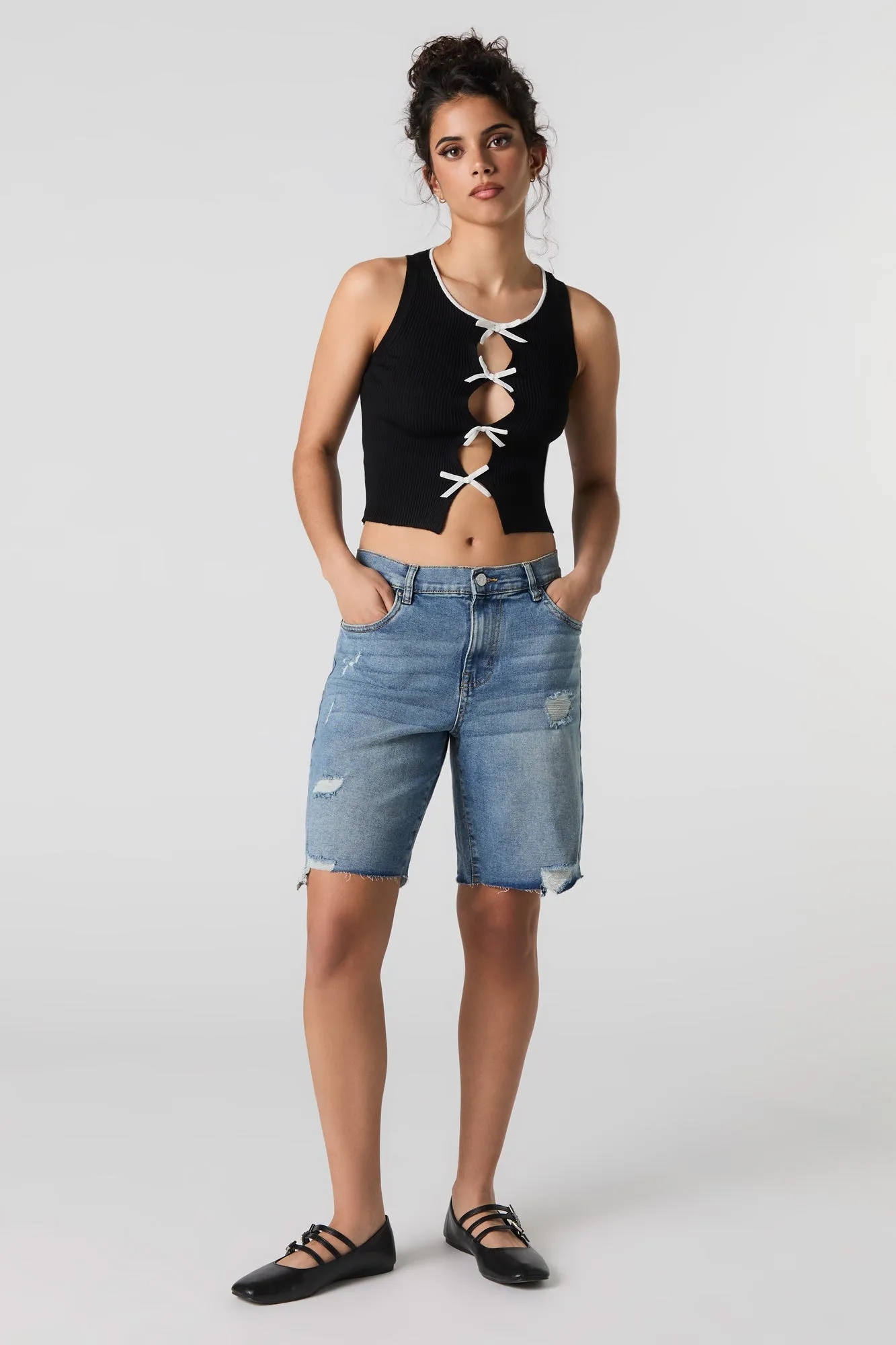 Stretch Distressed Denim Bermuda Short