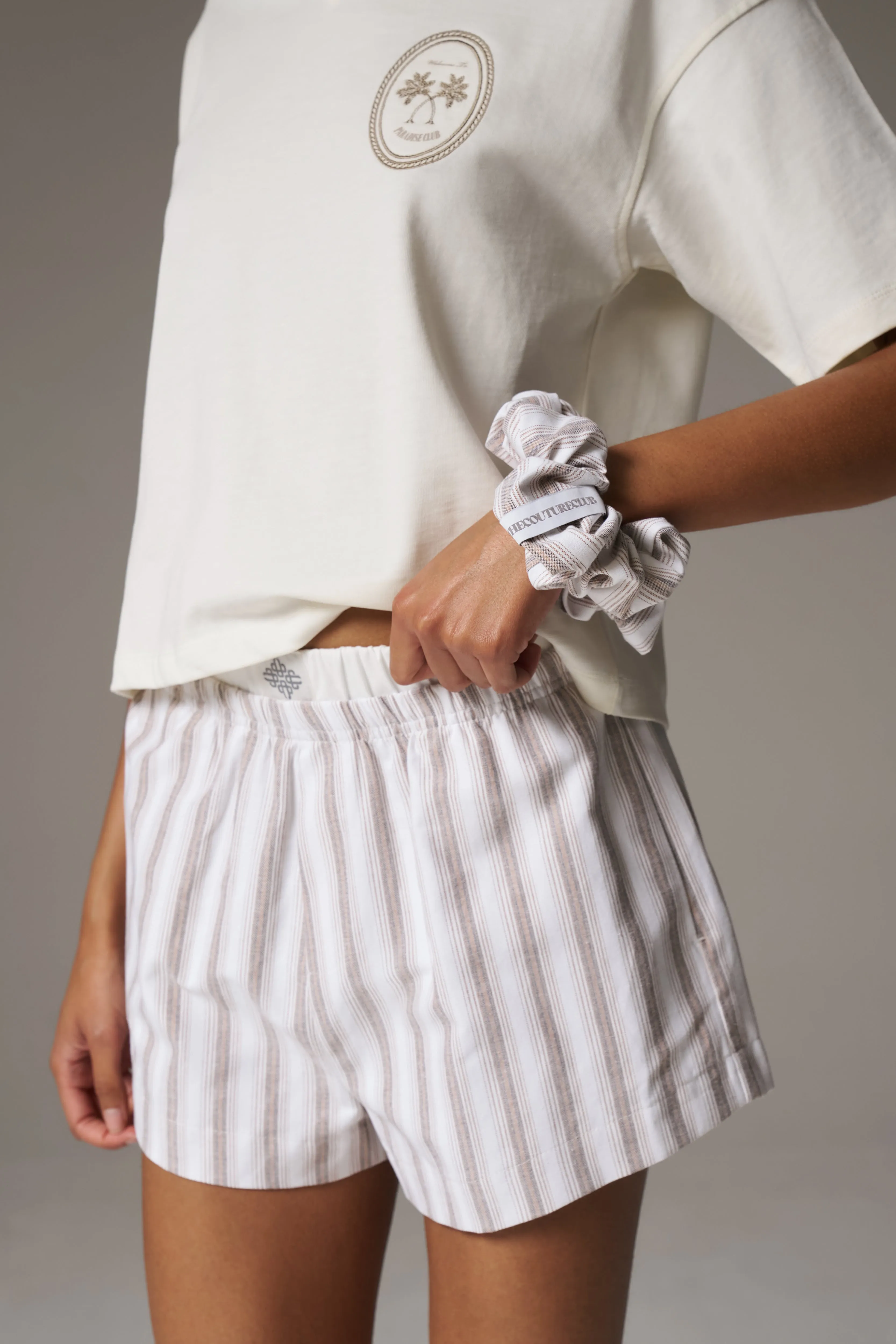 STRIPE BOXER WAISTBAND WOVEN SHORTS - BEIGE