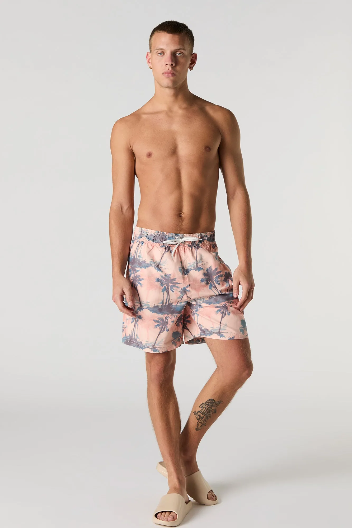 Tropical Print Drawstring Swim Short