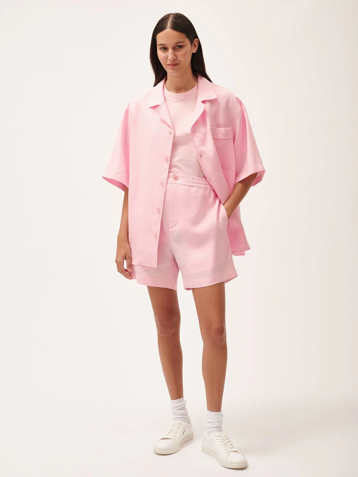 Womens Aloe Linen Mid Length Shorts—magnolia pink