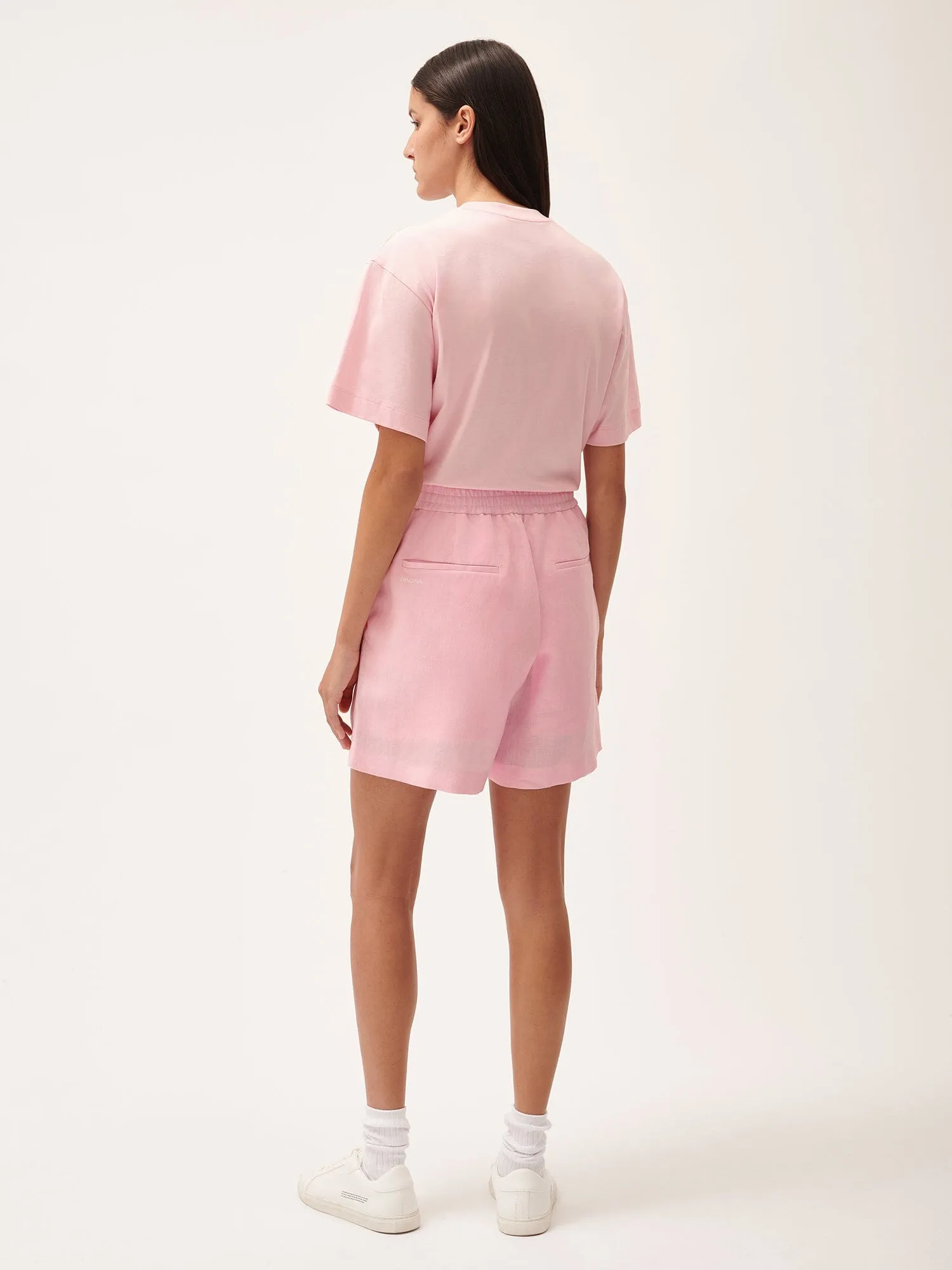 Womens Aloe Linen Mid Length Shorts—magnolia pink