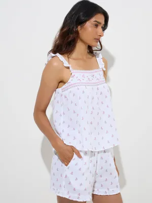Wunderlove Ivory Floral Pattern Cotton Top and Shorts Set
